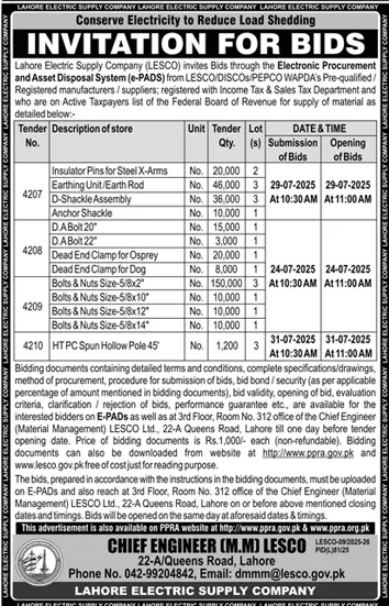 Lahore Electric Supply Company Lahore Tender Notice